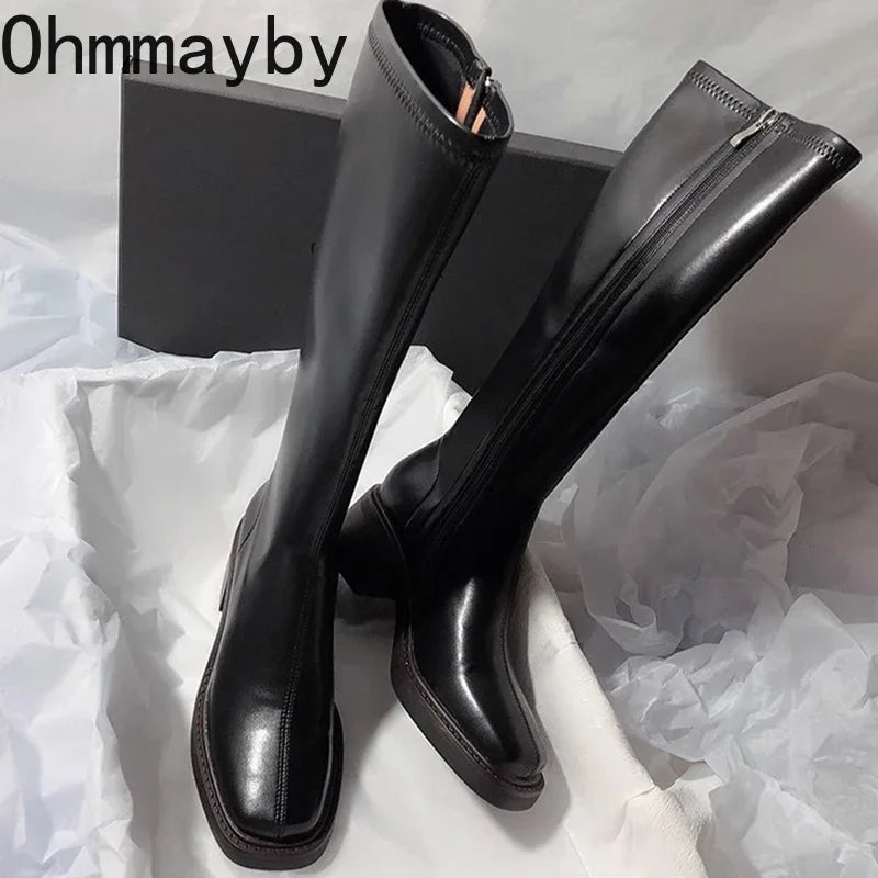 Vintage Knee-High Boots – Thick Heel, Side Zipper, Autumn Winter Fashion