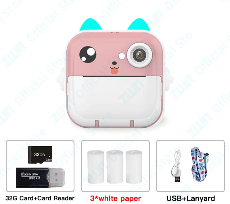 Children's 1080P HD Digital Camera Toys Instant Thermal Print With 32G Memory Card