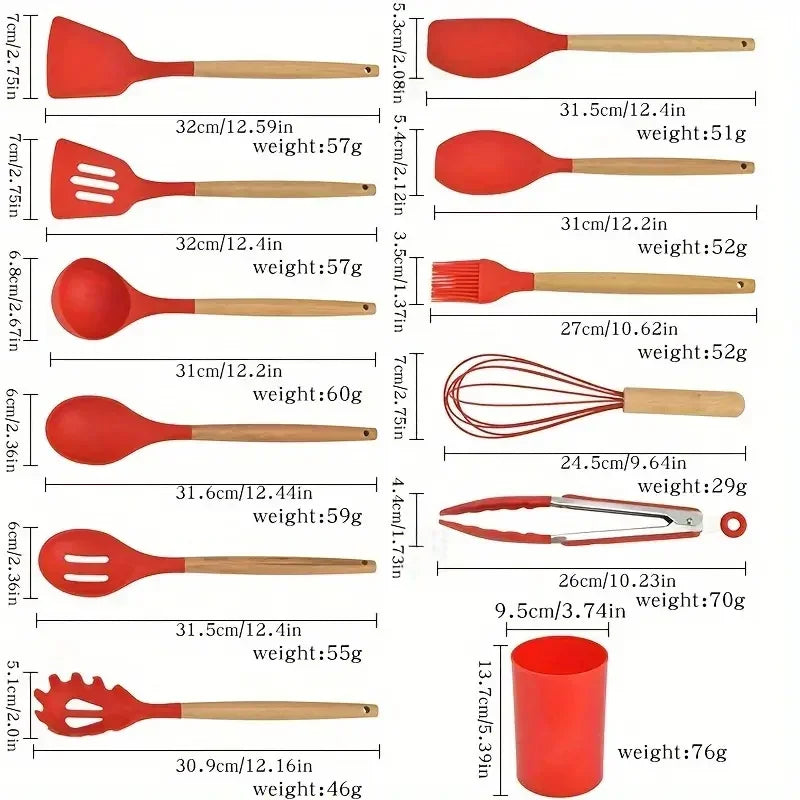 12-Piece Multi-Color Silicone Kitchenware Set with Wooden Handles – Non-Stick Spatulas & Spoons, Heat-Resistant Cooking Utensils