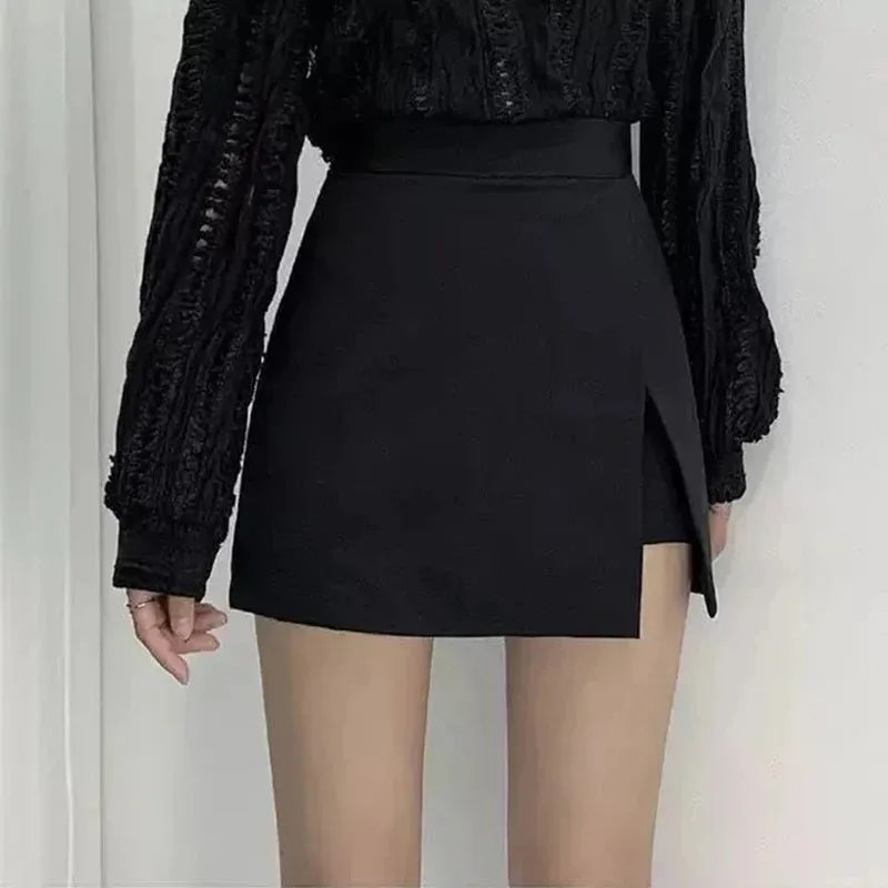 High-Waist Mini Skirt with Irregular Side Slits and Built-In Shorts