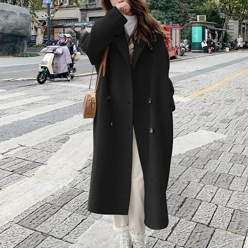 Women’s Woolen Double-Breasted Long Trench Coat – Loose Fit Retro Overcoat, Autumn Winter Fashion Windbreaker