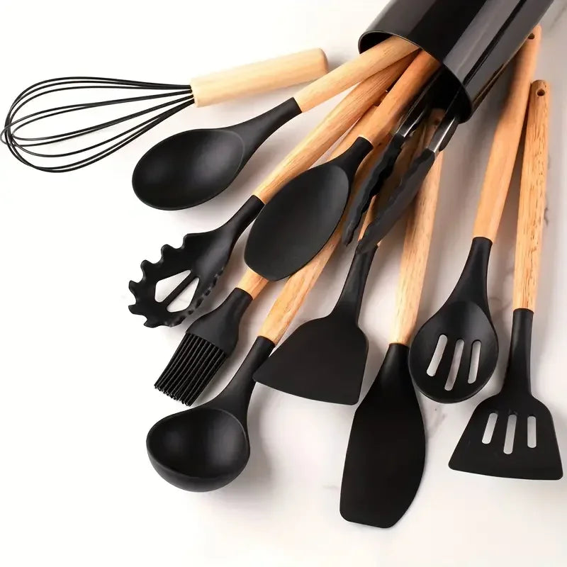 12-Piece Multi-Color Silicone Kitchenware Set with Wooden Handles – Non-Stick Spatulas & Spoons, Heat-Resistant Cooking Utensils