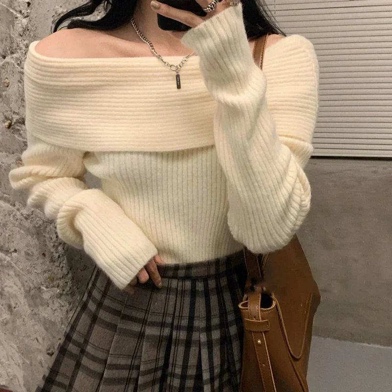 Women’s Slash Neck Off-Shoulder Knitted Sweater