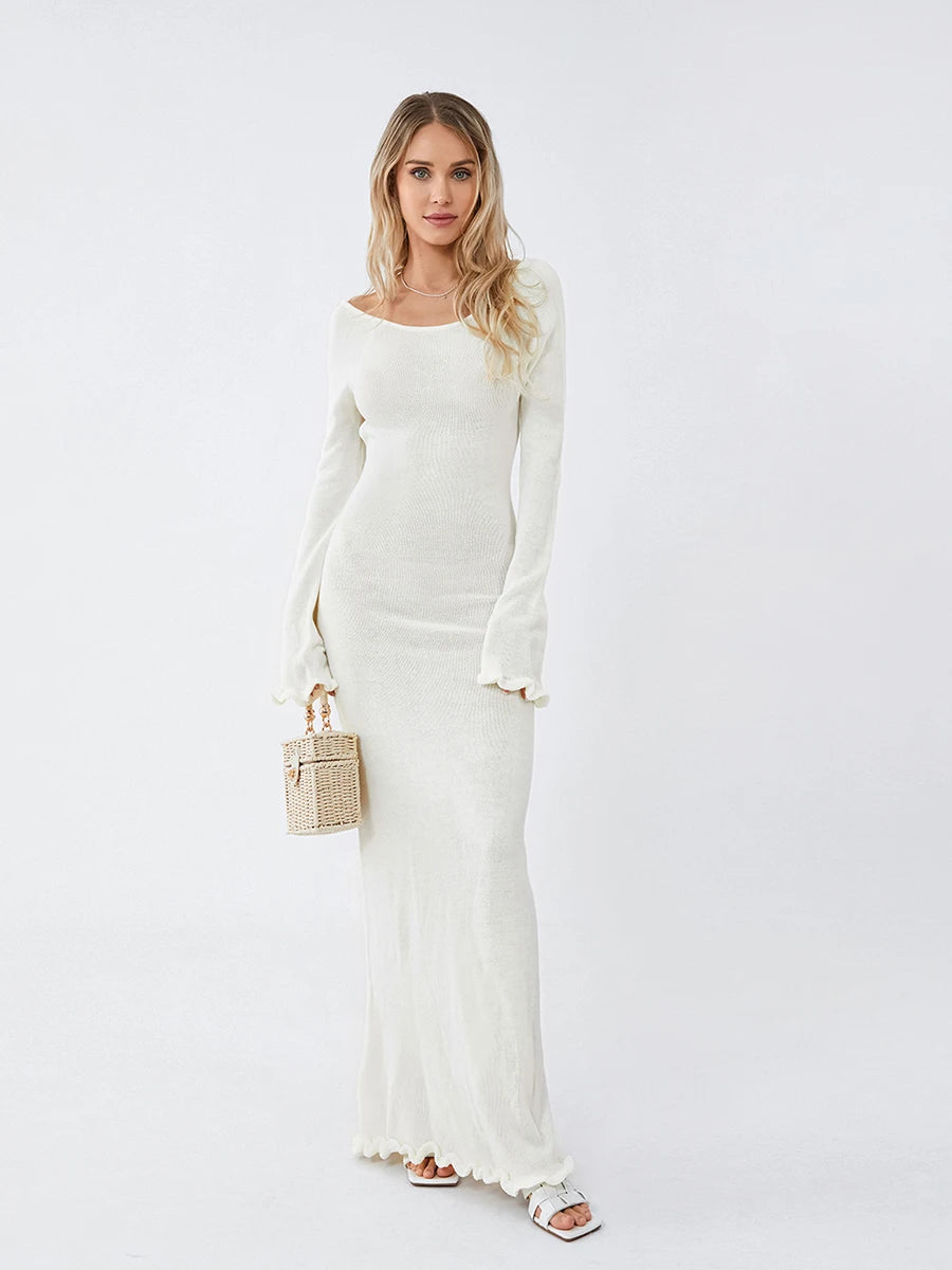 Long Sleeve Knit Bodycon Dress – Tie Backless with Ruffle Trim