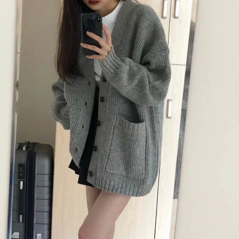Autumn Winter Knitted Cardigan – Women’s V-Neck Long Sleeve Sweater Coat
