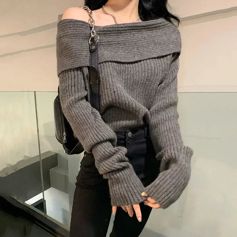 Women’s Slash Neck Off-Shoulder Knitted Sweater