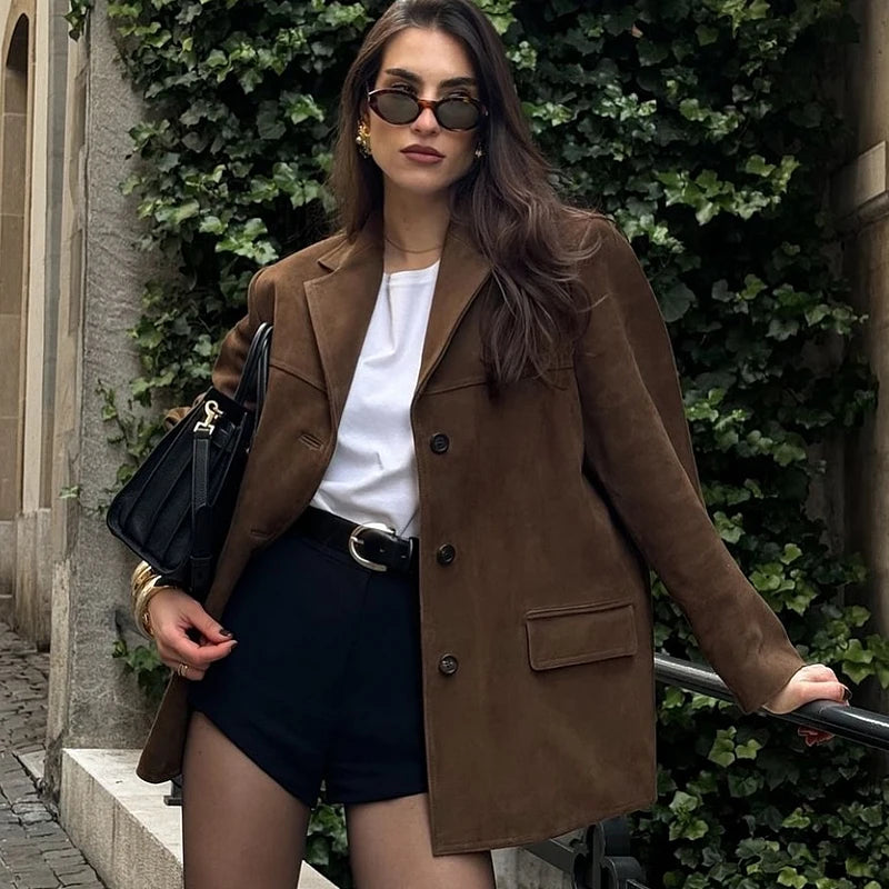 Women’s Brown Leather Suede Jacket – Old Money Vintage Demi-Season Coat, Autumn Winter Outerwear