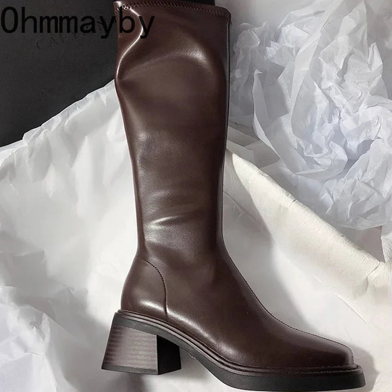 Vintage Knee-High Boots – Thick Heel, Side Zipper, Autumn Winter Fashion