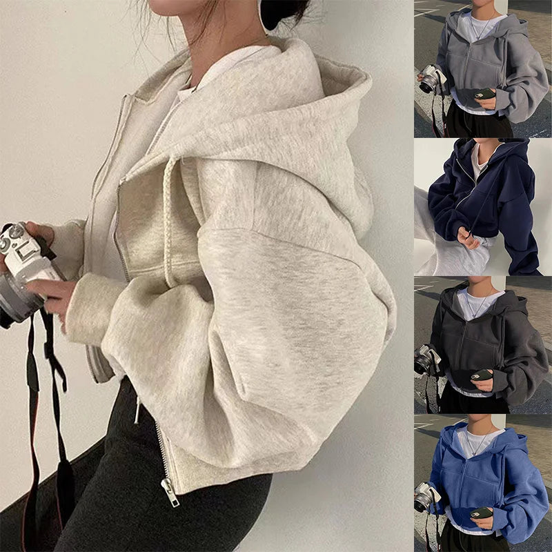 Fleece-Lined Versatile Cropped Slim Zip-Up Warm Hooded Sweatshirt for Women