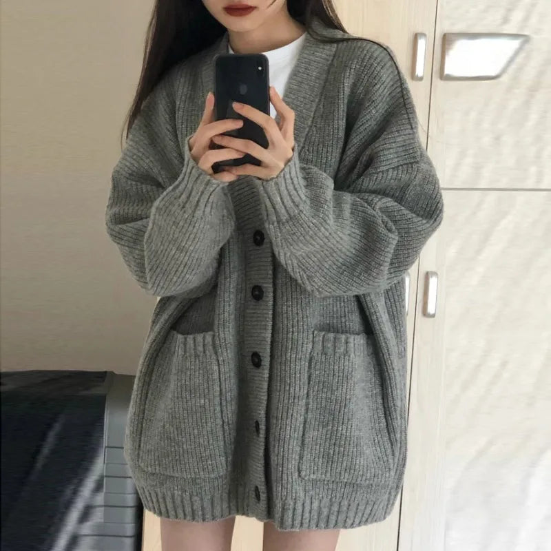 Autumn Winter Knitted Cardigan – Women’s V-Neck Long Sleeve Sweater Coat