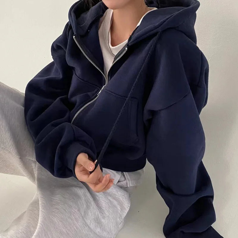 Fleece-Lined Versatile Cropped Slim Zip-Up Warm Hooded Sweatshirt for Women