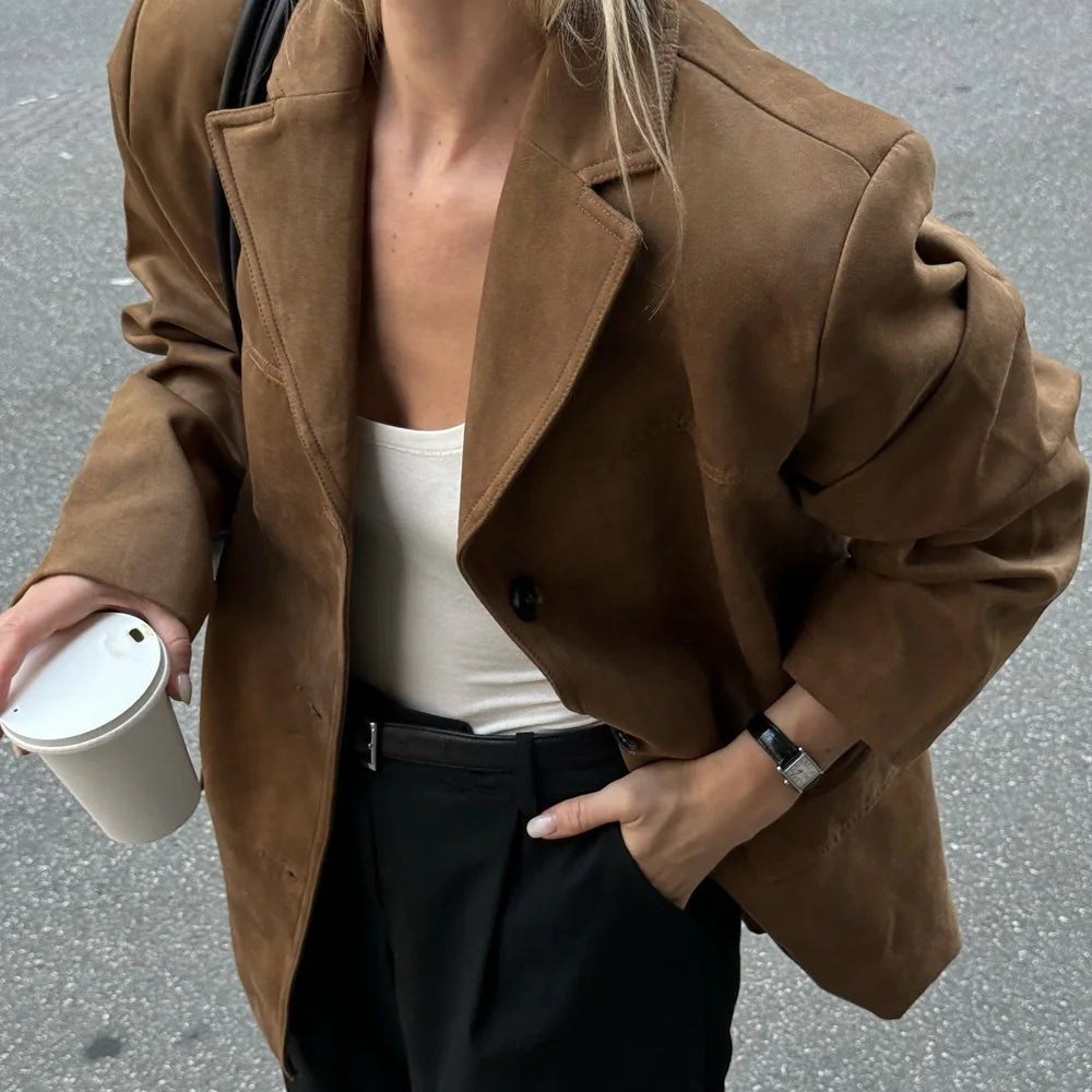 Women’s Brown Leather Suede Jacket – Old Money Vintage Demi-Season Coat, Autumn Winter Outerwear