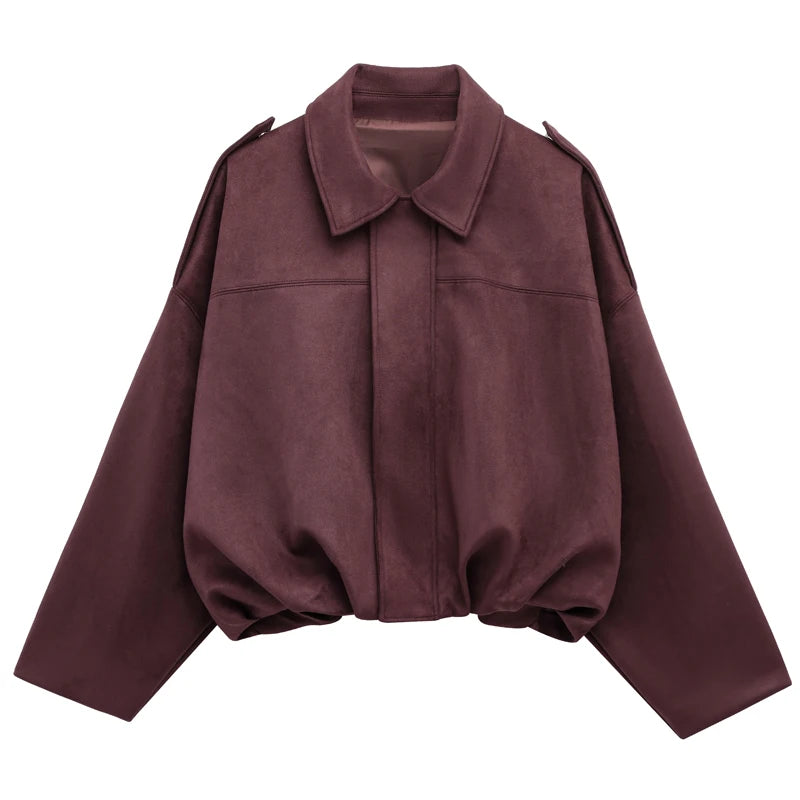 Women’s Suede Bomber Jacket – Lapel, Long Sleeve, Zipper, High Street Racing Coat