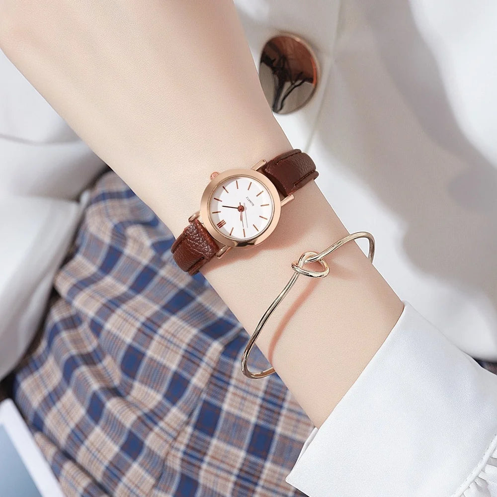 Women’s Fashion Small Dial Watch Casual Quartz Wristwatch with Leather Band