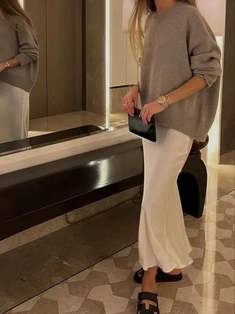 High-Waist Satin Midi Skirt – Elegant Long Skirt