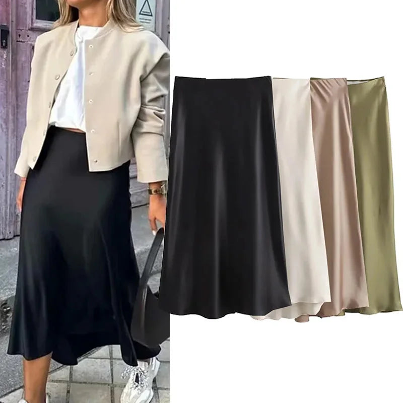 High-Waist Satin Midi Skirt – Elegant Long Skirt