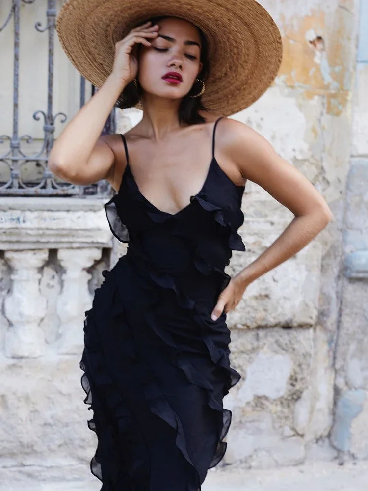 New Elegant Women's Chiffon Vacation Style Sling Dress with Ruffle Edge Style