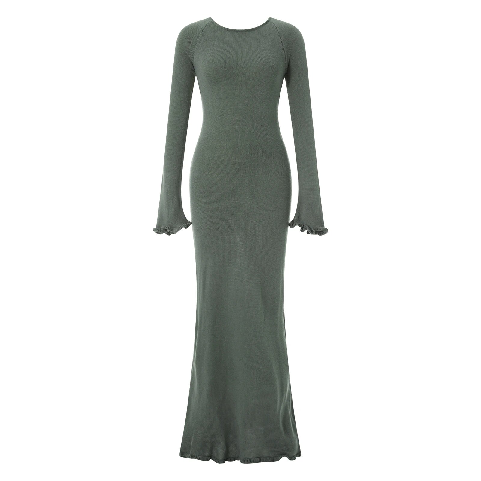 Long Sleeve Knit Bodycon Dress – Tie Backless with Ruffle Trim