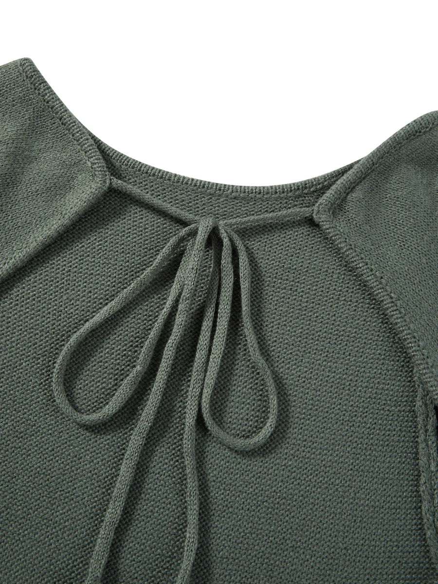 Long Sleeve Knit Bodycon Dress – Tie Backless with Ruffle Trim