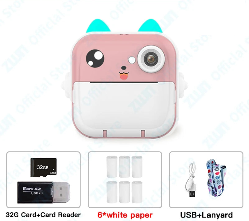 Children's 1080P HD Digital Camera Toys Instant Thermal Print With 32G Memory Card