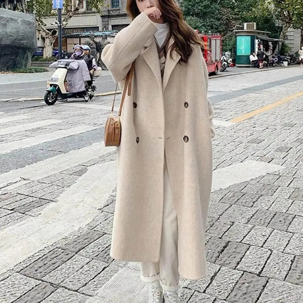 Women’s Woolen Double-Breasted Long Trench Coat – Loose Fit Retro Overcoat, Autumn Winter Fashion Windbreaker