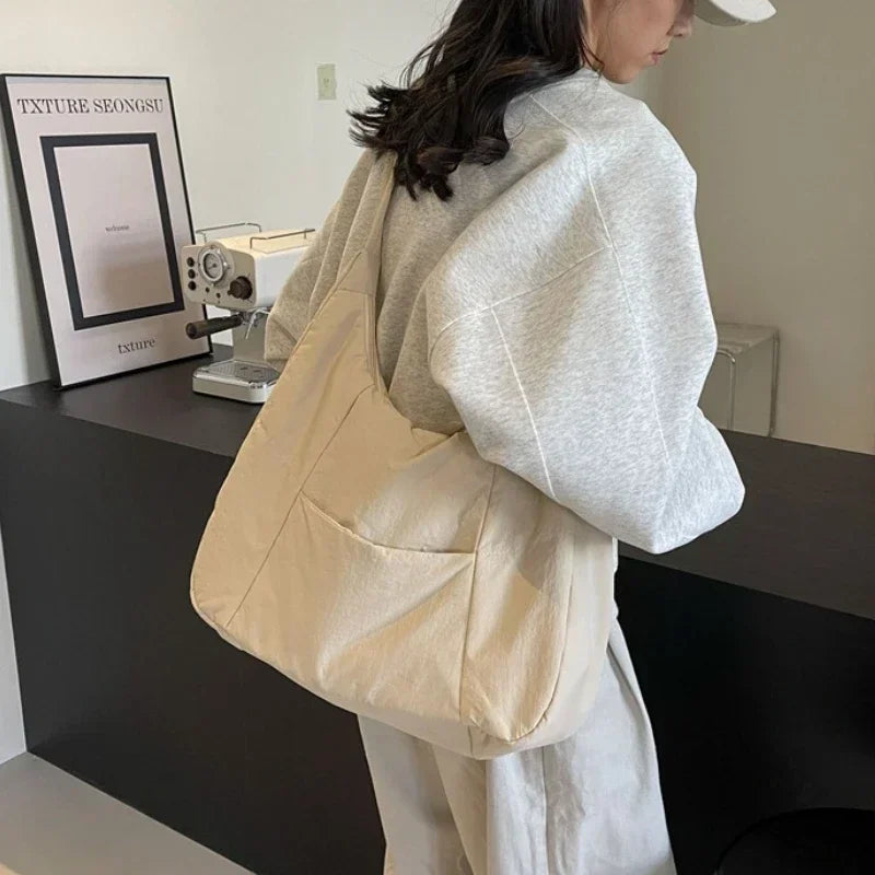 Trendy Women’s Shoulder & Crossbody Bag – Soft Fabric Large Tote, Solid Colours, Casual Y2K Vibe