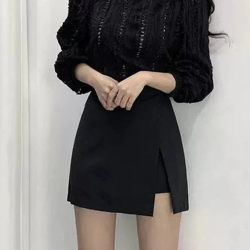 High-Waist Mini Skirt with Irregular Side Slits and Built-In Shorts
