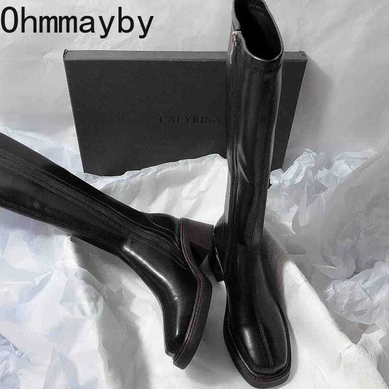 Vintage Knee-High Boots – Thick Heel, Side Zipper, Autumn Winter Fashion