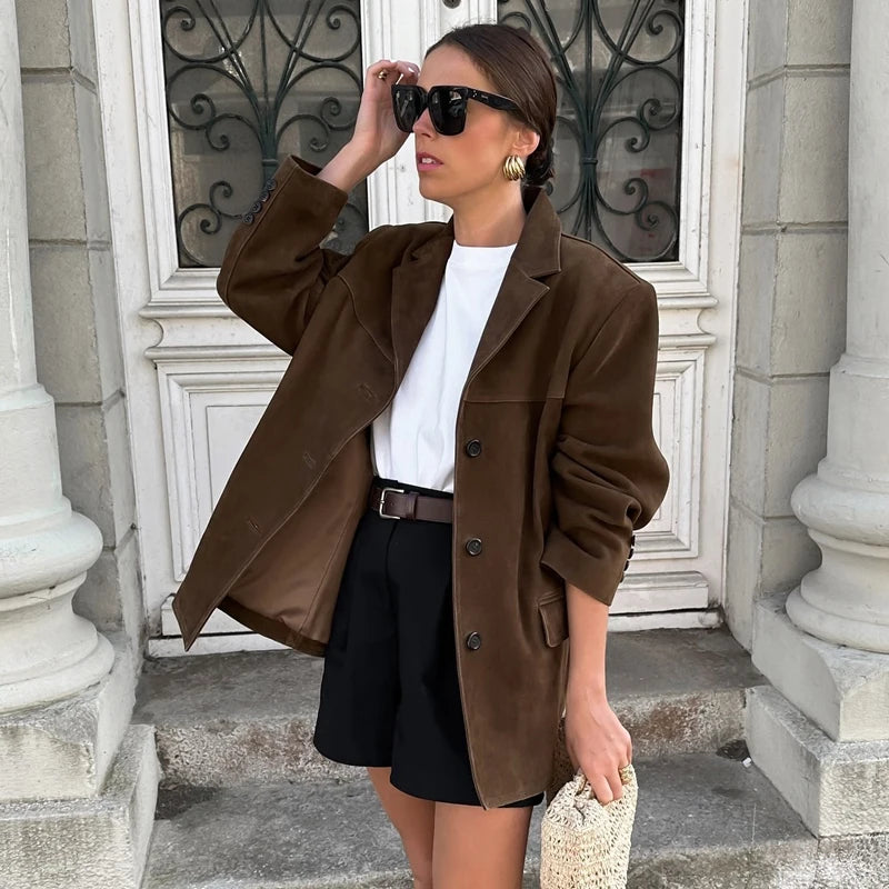 Women’s Brown Leather Suede Jacket – Old Money Vintage Demi-Season Coat, Autumn Winter Outerwear