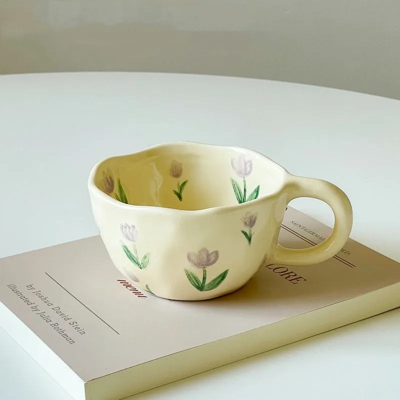Hand-Pinched Irregular Flower Ceramic Mug – Korean Style Coffee, Milk & Tea Cup