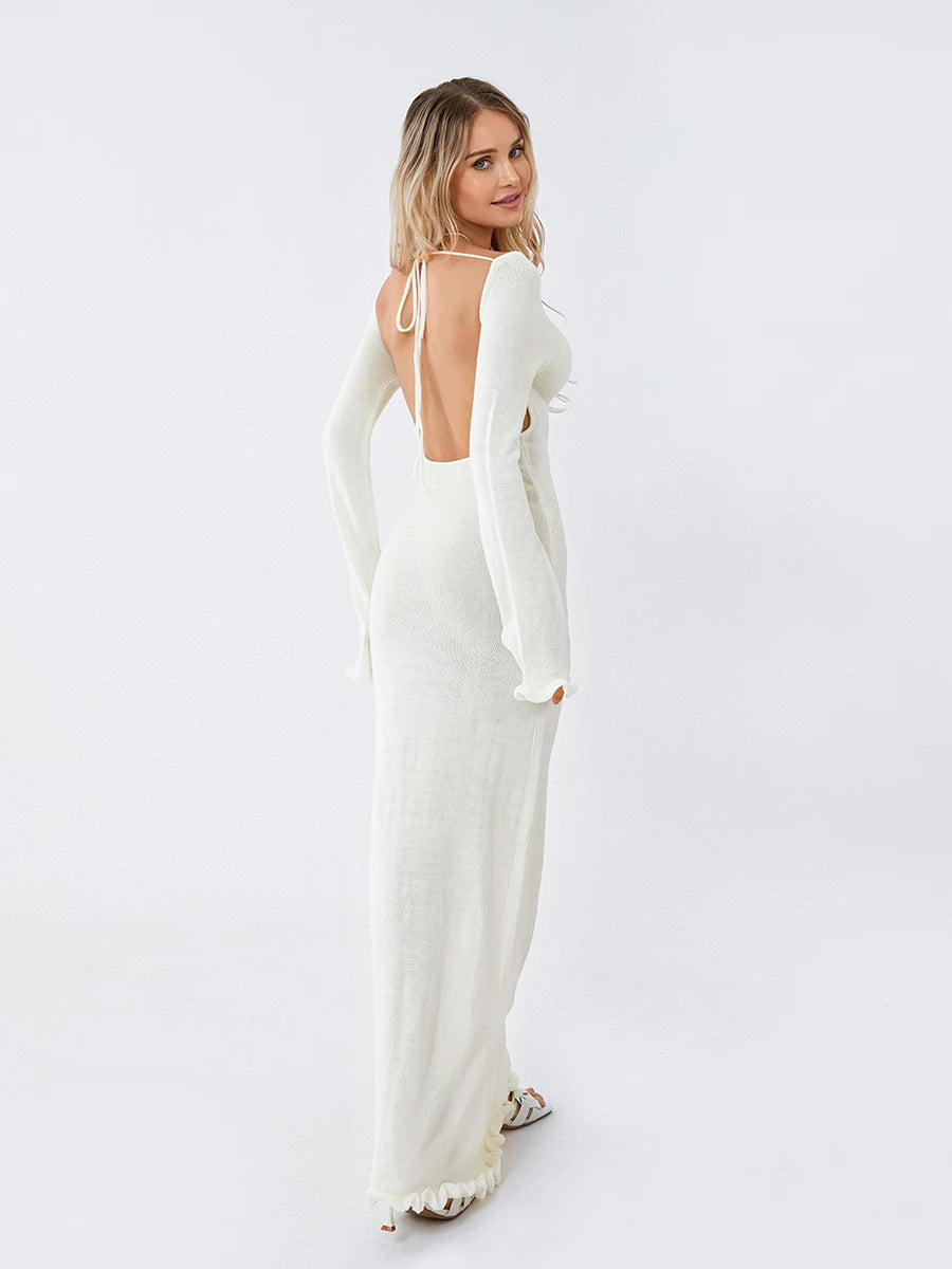 Long Sleeve Knit Bodycon Dress – Tie Backless with Ruffle Trim