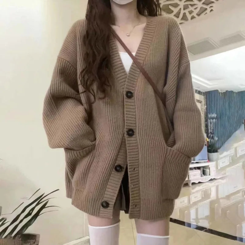 Autumn Winter Knitted Cardigan – Women’s V-Neck Long Sleeve Sweater Coat