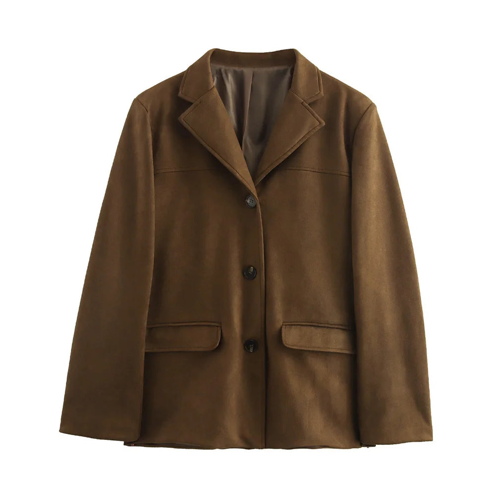Women’s Brown Leather Suede Jacket – Old Money Vintage Demi-Season Coat, Autumn Winter Outerwear