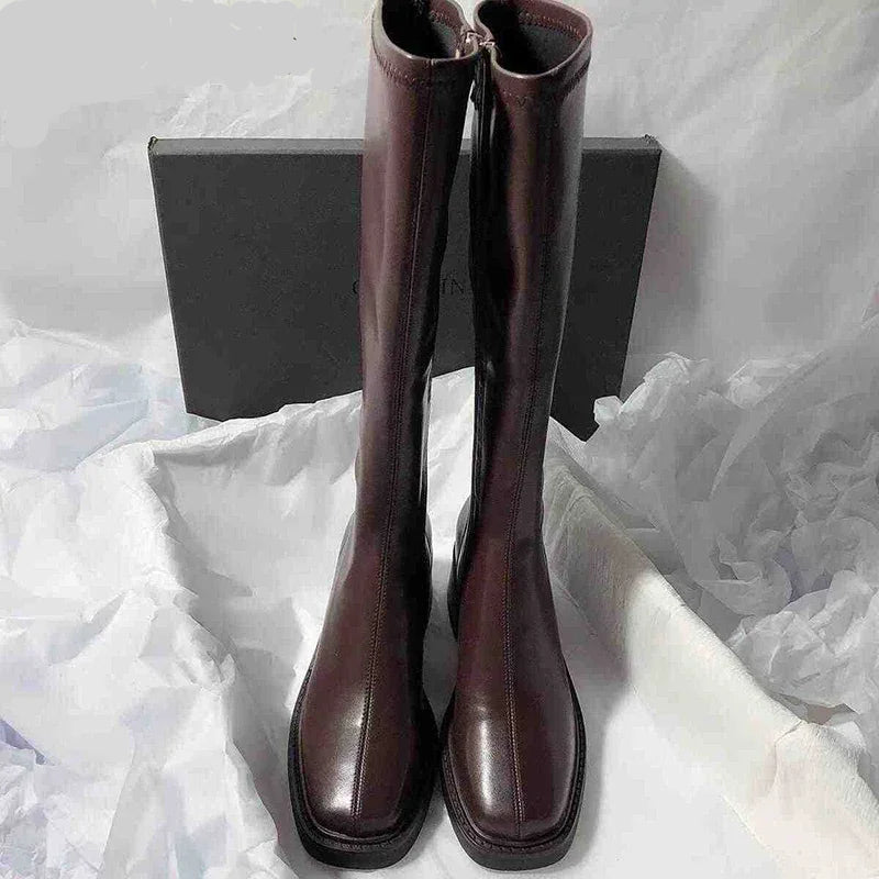 Vintage Knee-High Boots – Thick Heel, Side Zipper, Autumn Winter Fashion