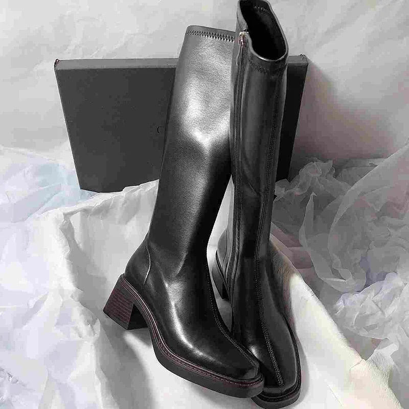 Vintage Knee-High Boots – Thick Heel, Side Zipper, Autumn Winter Fashion