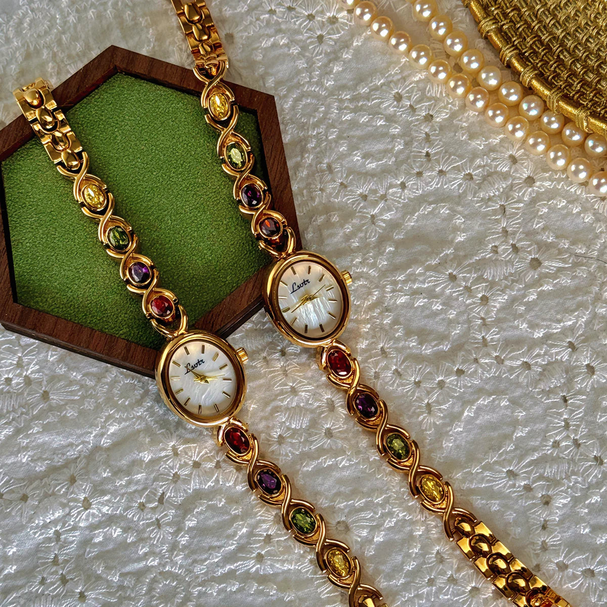 High-End Women’s Watch with Colorful Tourmalines, Diamonds, and an Oval Mother-of-Pearl Dial