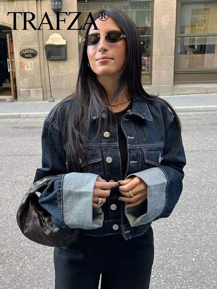 Women’s Vintage Dark Blue Denim Jacket – Single-Breasted, Lapel, Long Sleeve Coat with Pockets, High Street Fashion