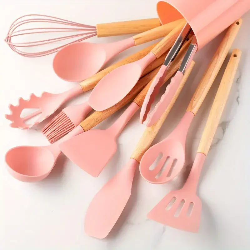 12-Piece Multi-Color Silicone Kitchenware Set with Wooden Handles – Non-Stick Spatulas & Spoons, Heat-Resistant Cooking Utensils