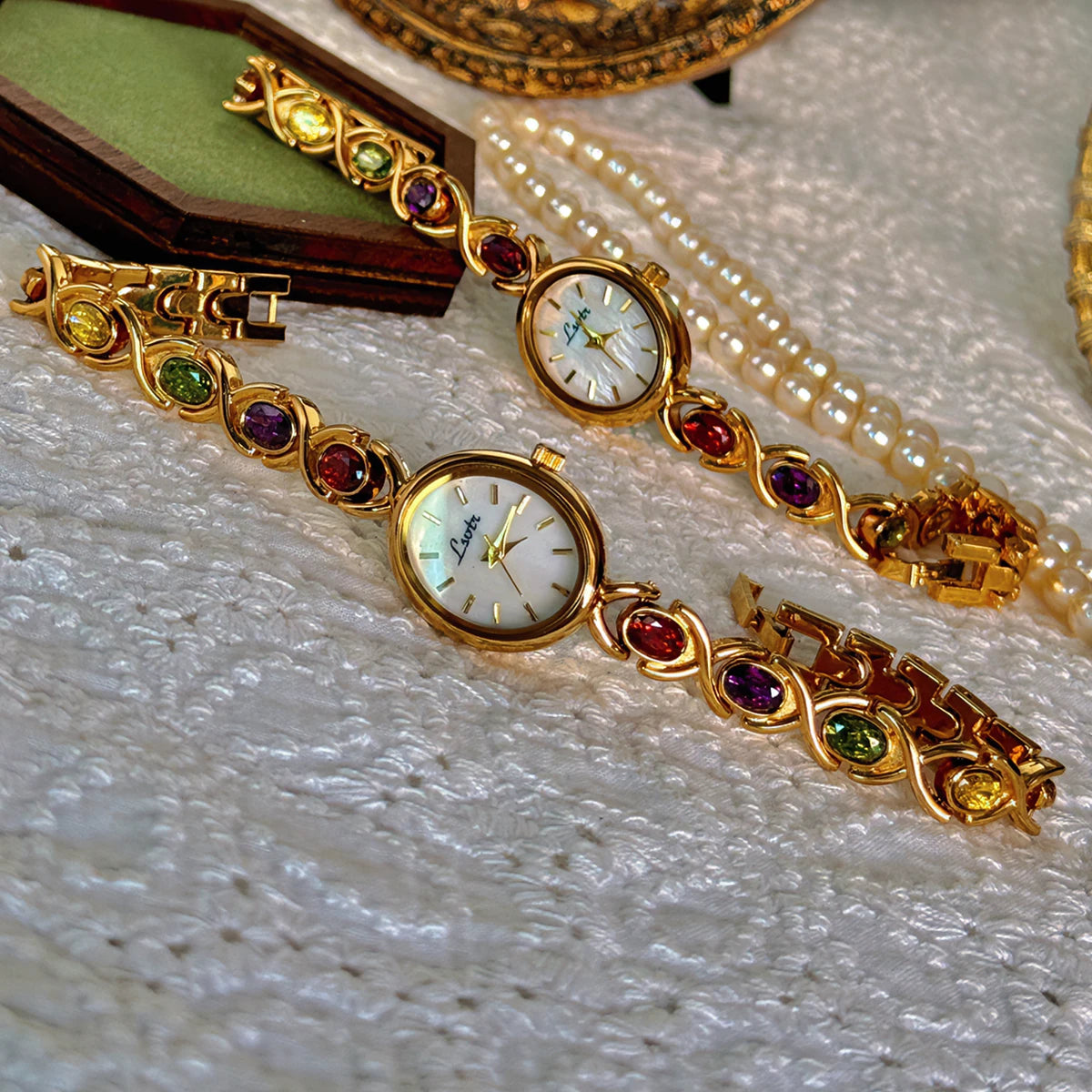 High-End Women’s Watch with Colorful Tourmalines, Diamonds, and an Oval Mother-of-Pearl Dial