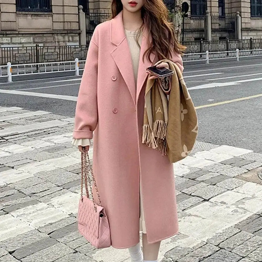 Women’s Woolen Double-Breasted Long Trench Coat – Loose Fit Retro Overcoat, Autumn Winter Fashion Windbreaker