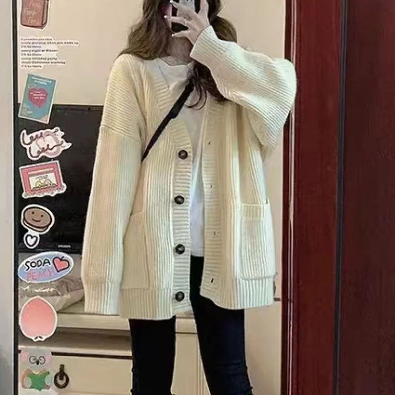 Autumn Winter Knitted Cardigan – Women’s V-Neck Long Sleeve Sweater Coat