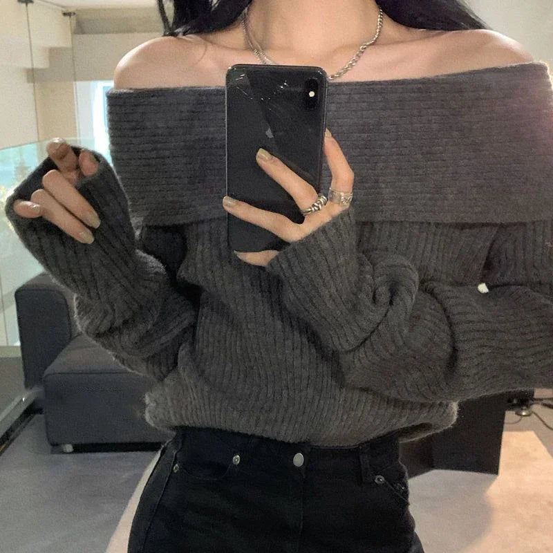Women’s Slash Neck Off-Shoulder Knitted Sweater