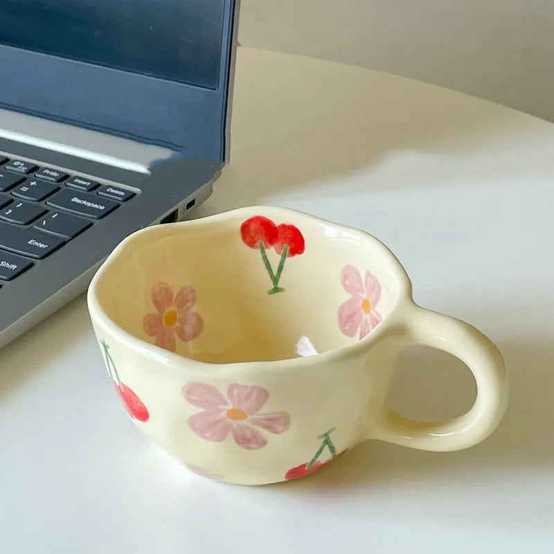 Hand-Pinched Irregular Flower Ceramic Mug – Korean Style Coffee, Milk & Tea Cup