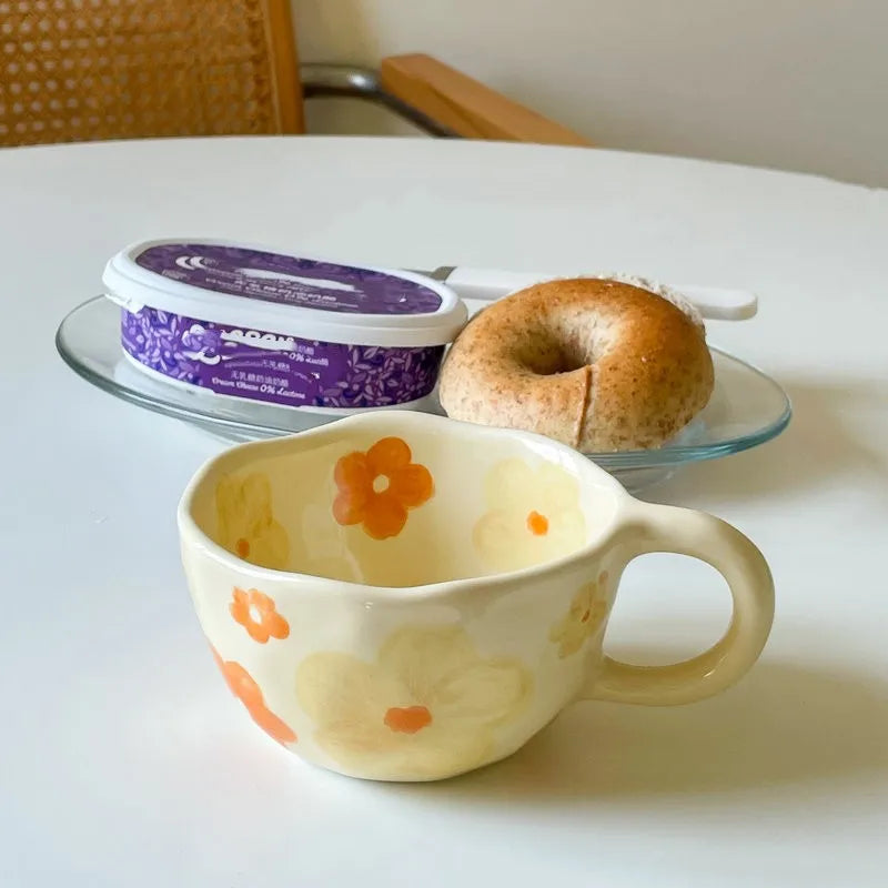 Hand-Pinched Irregular Flower Ceramic Mug – Korean Style Coffee, Milk & Tea Cup