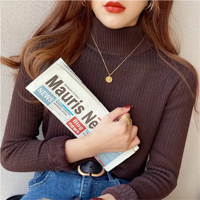 Velvet-Lined Thermal Turtleneck Sweater for Women