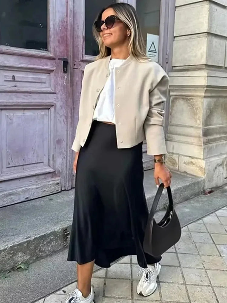 High-Waist Satin Midi Skirt – Elegant Long Skirt