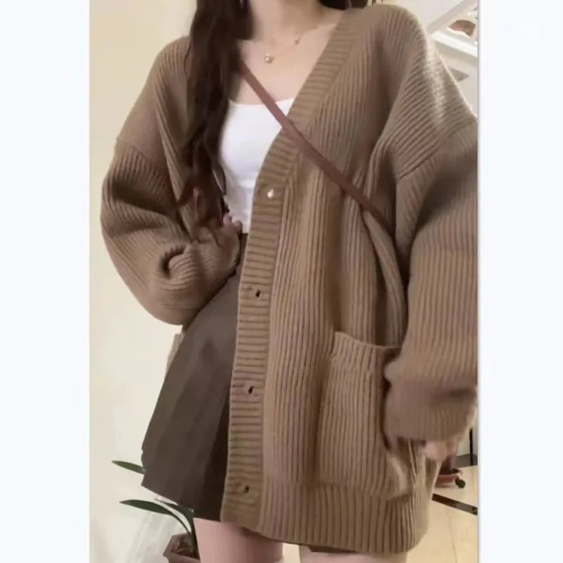 Autumn Winter Knitted Cardigan – Women’s V-Neck Long Sleeve Sweater Coat
