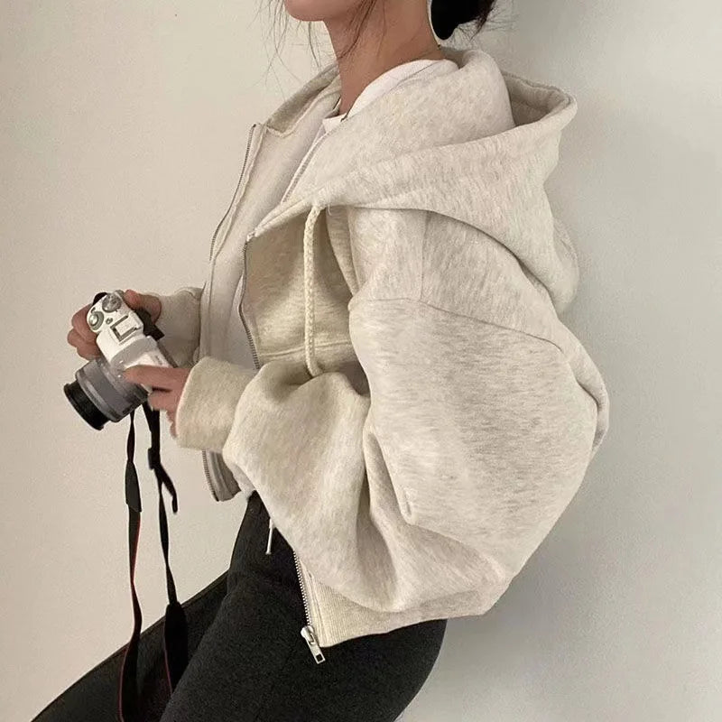 Fleece-Lined Versatile Cropped Slim Zip-Up Warm Hooded Sweatshirt for Women
