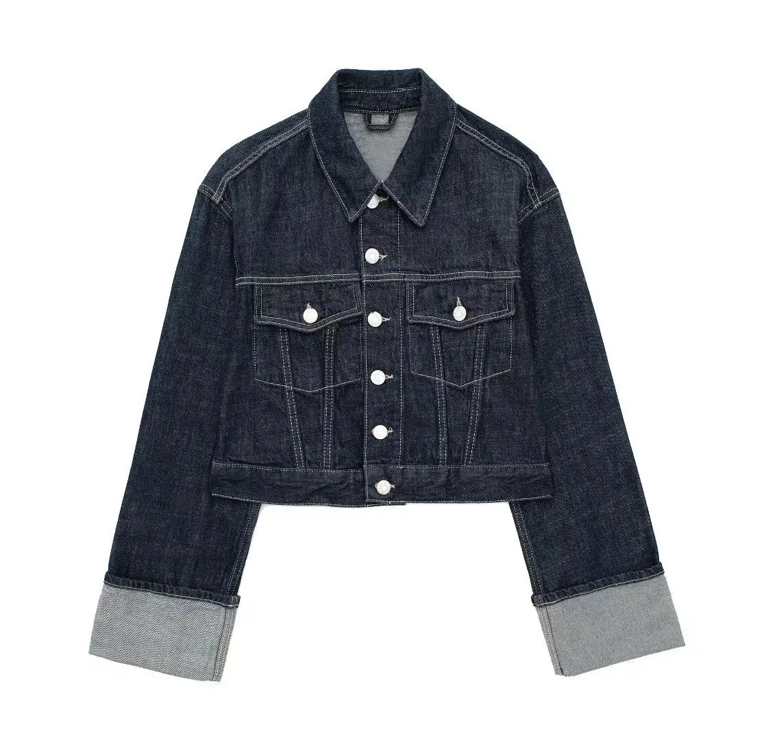 Women’s Vintage Dark Blue Denim Jacket – Single-Breasted, Lapel, Long Sleeve Coat with Pockets, High Street Fashion