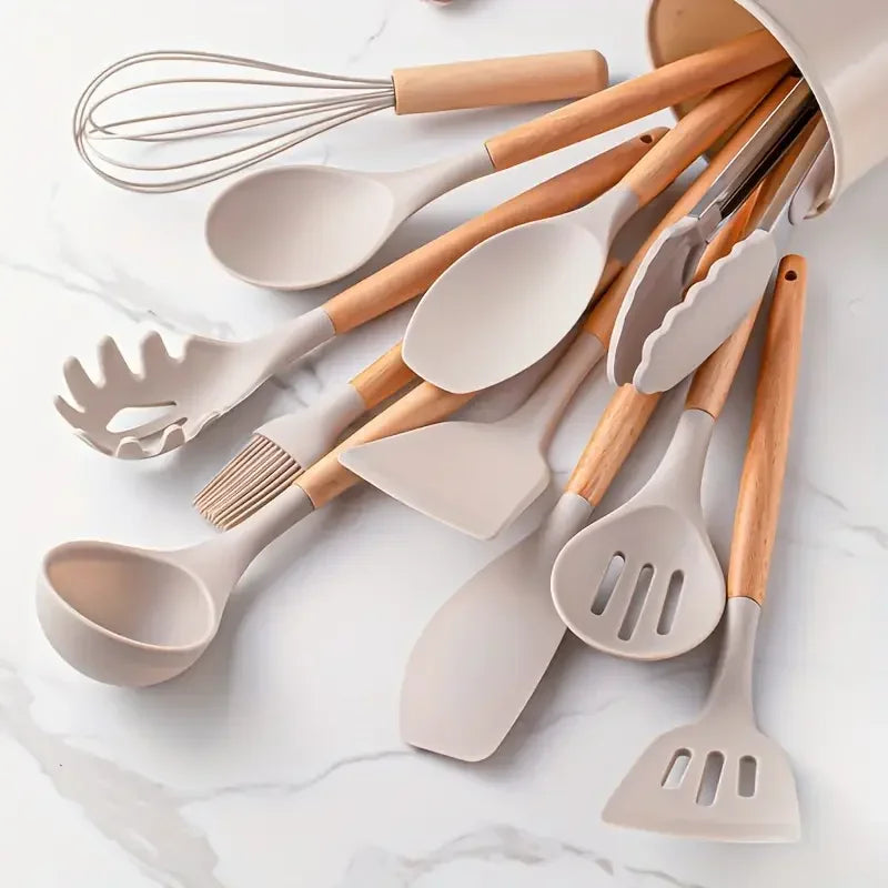 12-Piece Multi-Color Silicone Kitchenware Set with Wooden Handles – Non-Stick Spatulas & Spoons, Heat-Resistant Cooking Utensils